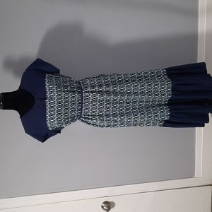 Retro Style Navy Blue Light Mint Short Sleeve Long Ruffle Bottom Maternity dress